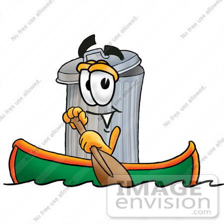 #26517 Clip Art Graphic of a Metal Trash Can Cartoon Character Rowing a Boat by toons4biz