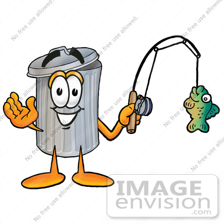#26518 Clip Art Graphic of a Metal Trash Can Cartoon Character Holding a Fish on a Fishing Pole by toons4biz