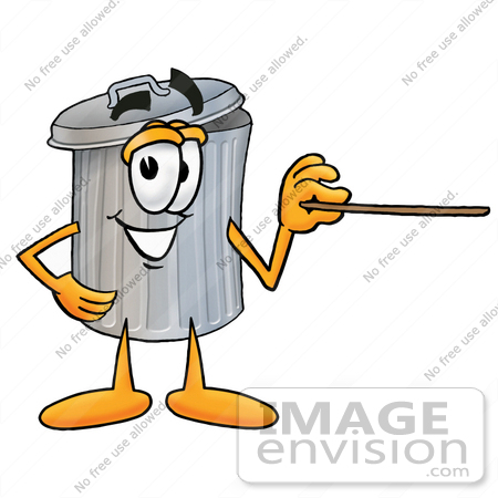 #26520 Clip Art Graphic of a Metal Trash Can Cartoon Character Holding a Pointer Stick by toons4biz