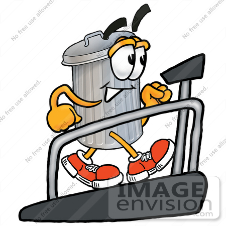 #26522 Clip Art Graphic of a Metal Trash Can Cartoon Character Walking on a Treadmill in a Fitness Gym by toons4biz