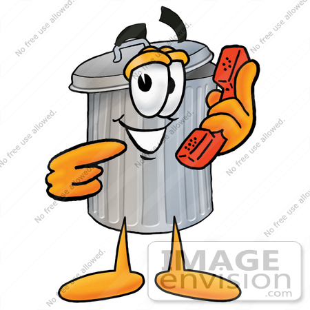 #26523 Clip Art Graphic of a Metal Trash Can Cartoon Character Holding a Telephone by toons4biz