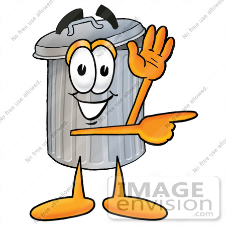 #26525 Clip Art Graphic of a Metal Trash Can Cartoon Character Waving and Pointing by toons4biz