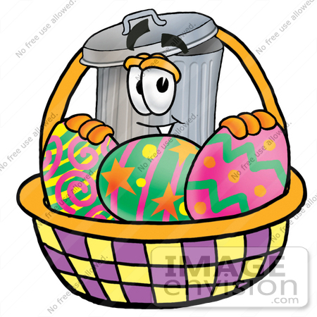 #26526 Clip Art Graphic of a Metal Trash Can Cartoon Character in an Easter Basket Full of Decorated Easter Eggs by toons4biz