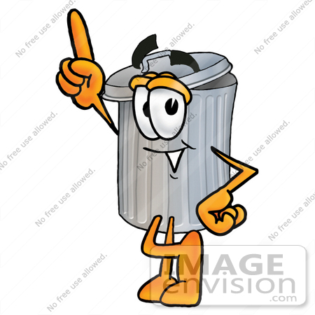 #26527 Clip Art Graphic of a Metal Trash Can Cartoon Character Pointing Upwards by toons4biz
