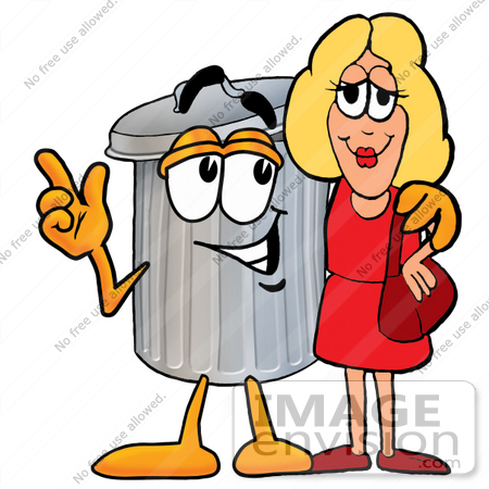 #26528 Clip Art Graphic of a Metal Trash Can Cartoon Character Talking to a Pretty Blond Woman by toons4biz