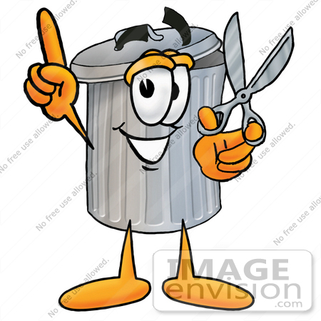 #26529 Clip Art Graphic of a Metal Trash Can Cartoon Character Holding a Pair of Scissors by toons4biz