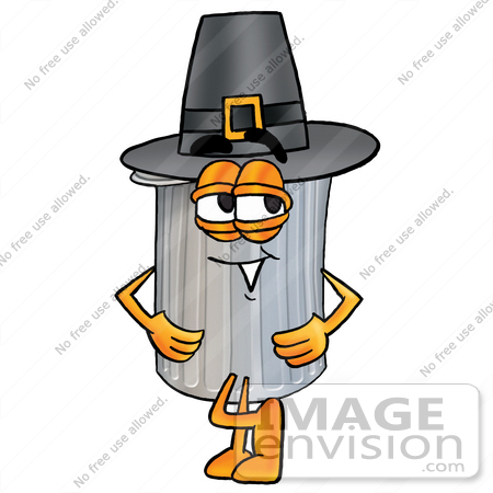 #26530 Clip Art Graphic of a Metal Trash Can Cartoon Character Wearing a Pilgrim Hat on Thanksgiving by toons4biz