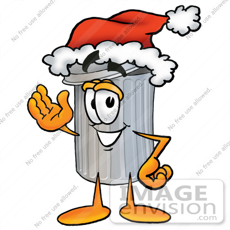 #26531 Clip Art Graphic of a Metal Trash Can Cartoon Character Wearing a Santa Hat and Waving by toons4biz