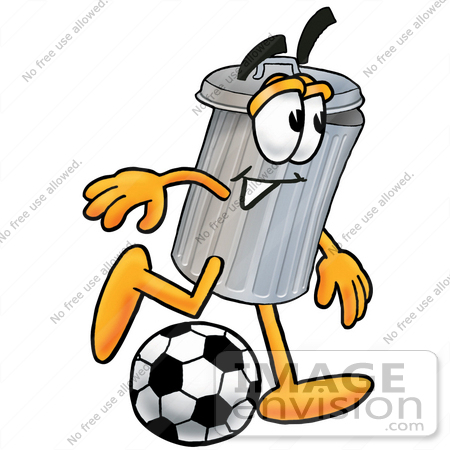 #26532 Clip Art Graphic of a Metal Trash Can Cartoon Character Kicking a Soccer Ball by toons4biz