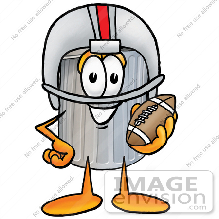 #26533 Clip Art Graphic of a Metal Trash Can Cartoon Character in a Helmet, Holding a Football by toons4biz