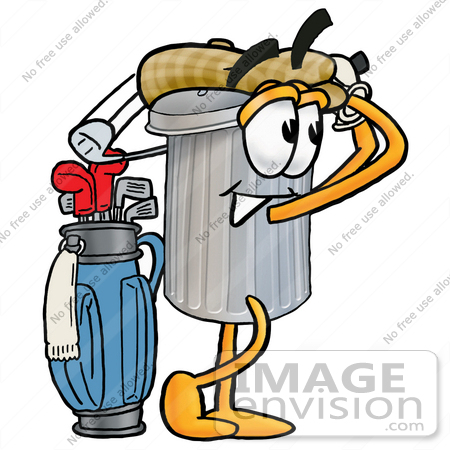 #26534 Clip Art Graphic of a Metal Trash Can Cartoon Character Swinging His Golf Club While Golfing by toons4biz