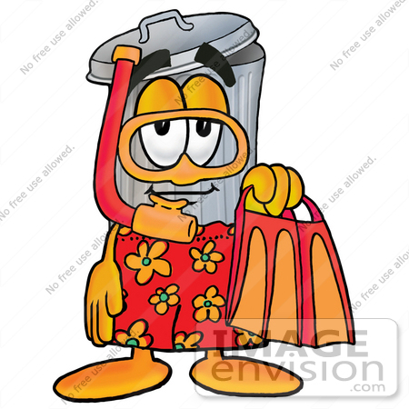 #26535 Clip Art Graphic of a Metal Trash Can Cartoon Character in Orange and Red Snorkel Gear by toons4biz