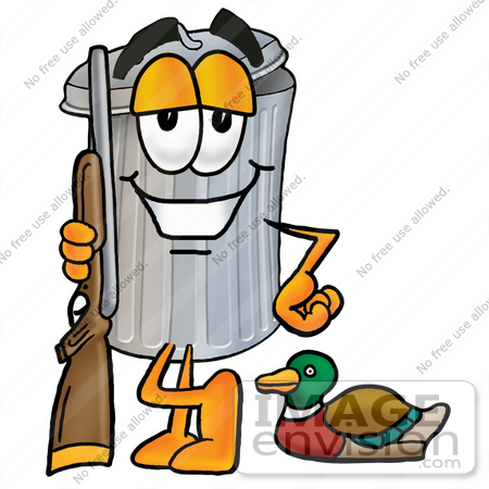 #26537 Clip Art Graphic of a Metal Trash Can Cartoon Character Duck Hunting, Standing With a Rifle and Duck by toons4biz