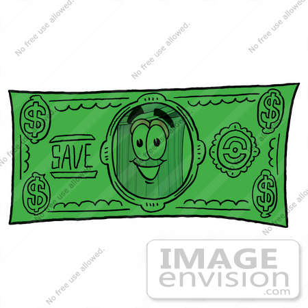 #26538 Clip Art Graphic of a Metal Trash Can Cartoon Character on a Dollar Bill by toons4biz