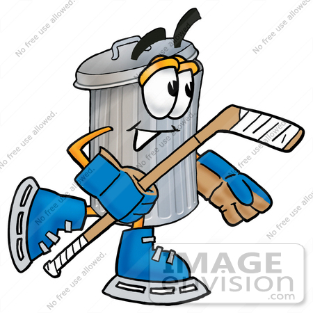 #26540 Clip Art Graphic of a Metal Trash Can Cartoon Character Playing Ice Hockey by toons4biz
