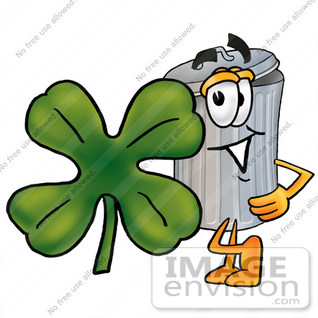 #26541 Clip Art Graphic of a Metal Trash Can Cartoon Character With a Green Four Leaf Clover on St Paddy’s or St Patricks Day by toons4biz