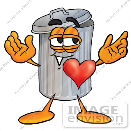 #26542 Clip Art Graphic of a Metal Trash Can Cartoon Character With His Heart Beating Out of His Chest by toons4biz