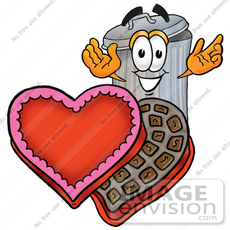 #26543 Clip Art Graphic of a Metal Trash Can Cartoon Character With an Open Box of Valentines Day Chocolate Candies by toons4biz