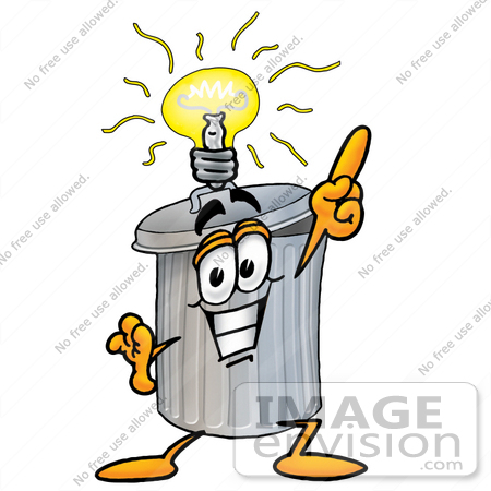 #26544 Clip Art Graphic of a Metal Trash Can Cartoon Character With a Bright Idea by toons4biz