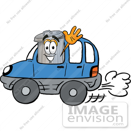 #26545 Clip Art Graphic of a Metal Trash Can Cartoon Character Driving a Blue Car and Waving by toons4biz