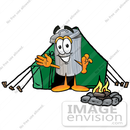 #26546 Clip Art Graphic of a Metal Trash Can Cartoon Character Camping With a Tent and Fire by toons4biz