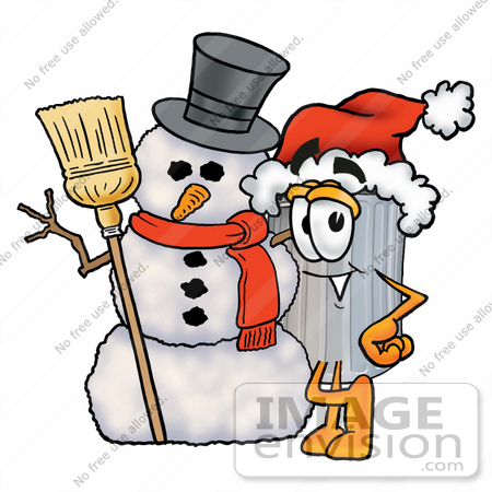 #26547 Clip Art Graphic of a Metal Trash Can Cartoon Character With a Snowman on Christmas by toons4biz