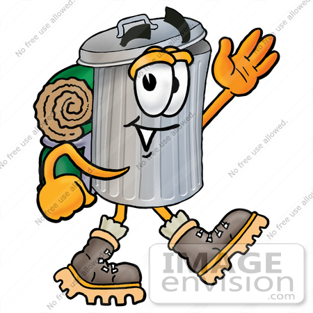 #26549 Clip Art Graphic of a Metal Trash Can Cartoon Character Hiking and Carrying a Backpack by toons4biz