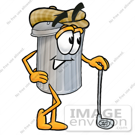 #26552 Clip Art Graphic of a Metal Trash Can Cartoon Character Leaning on a Golf Club While Golfing by toons4biz