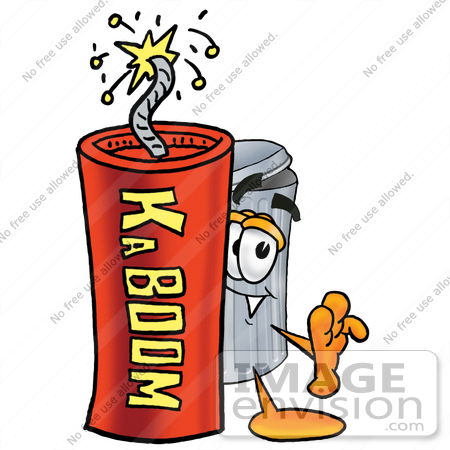 #26553 Clip Art Graphic of a Metal Trash Can Cartoon Character Standing With a Lit Stick of Dynamite by toons4biz