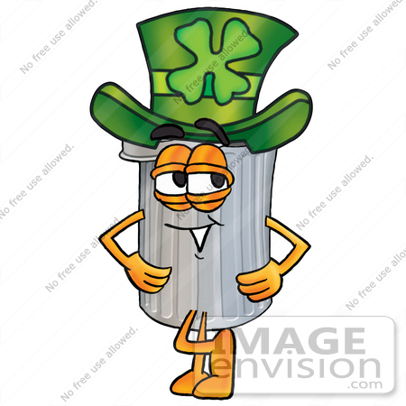 #26554 Clip Art Graphic of a Metal Trash Can Cartoon Character Wearing a Saint Patricks Day Hat With a Clover on it by toons4biz