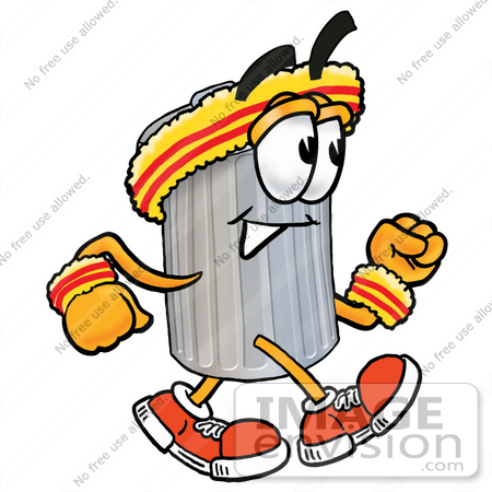 #26555 Clip Art Graphic of a Metal Trash Can Cartoon Character Speed Walking or Jogging by toons4biz