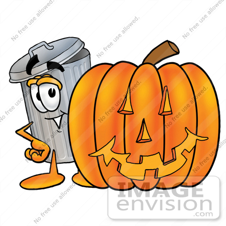#26557 Clip Art Graphic of a Metal Trash Can Cartoon Character With a Carved Halloween Pumpkin by toons4biz