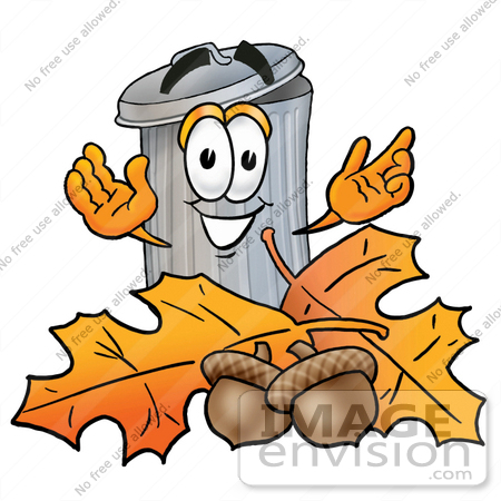 #26558 Clip Art Graphic of a Metal Trash Can Cartoon Character With Autumn Leaves and Acorns in the Fall by toons4biz