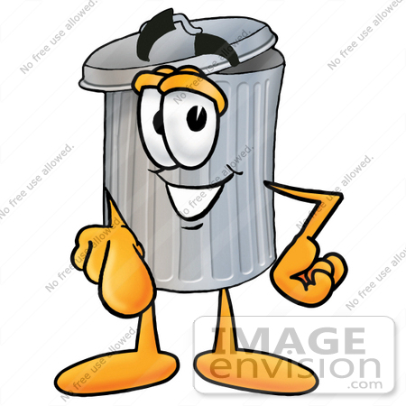 #26559 Clip Art Graphic of a Metal Trash Can Cartoon Character Pointing at the Viewer by toons4biz