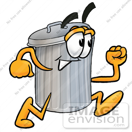 #26560 Clip Art Graphic of a Metal Trash Can Cartoon Character Running by toons4biz
