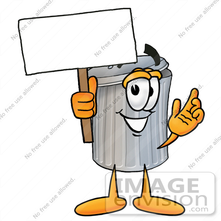 #26561 Clip Art Graphic of a Metal Trash Can Cartoon Character Holding a Blank Sign by toons4biz