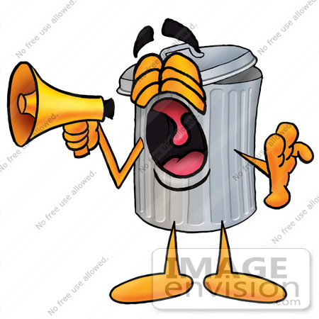 #26562 Clip Art Graphic of a Metal Trash Can Cartoon Character Screaming Into a Megaphone by toons4biz