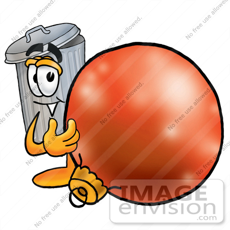#26563 Clip Art Graphic of a Metal Trash Can Cartoon Character Standing With a Christmas Bauble by toons4biz