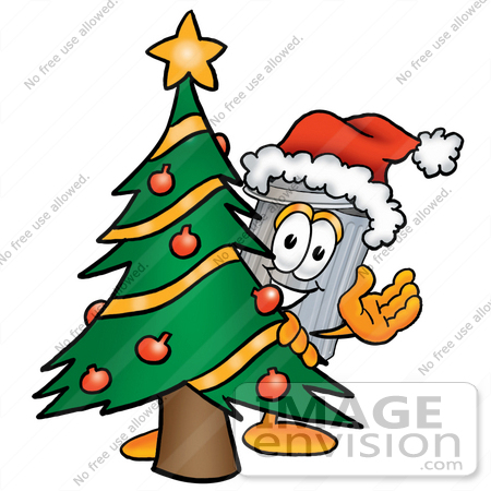 #26564 Clip Art Graphic of a Metal Trash Can Cartoon Character Waving and Standing by a Decorated Christmas Tree by toons4biz