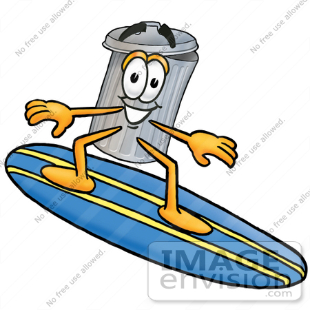 #26565 Clip Art Graphic of a Metal Trash Can Cartoon Character Surfing on a Blue and Yellow Surfboard by toons4biz