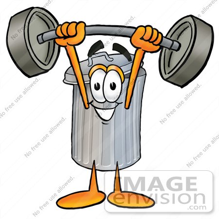 #26566 Clip Art Graphic of a Metal Trash Can Cartoon Character Holding a Heavy Barbell Above His Head by toons4biz