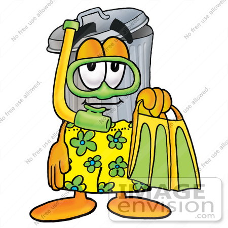 #26568 Clip Art Graphic of a Metal Trash Can Cartoon Character in Green and Yellow Snorkel Gear by toons4biz
