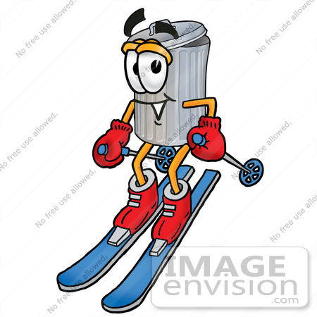 #26569 Clip Art Graphic of a Metal Trash Can Cartoon Character Skiing Downhill by toons4biz