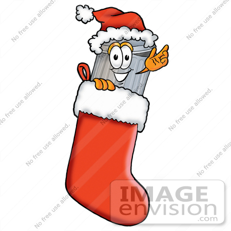 #26570 Clip Art Graphic of a Metal Trash Can Cartoon Character Wearing a Santa Hat Inside a Red Christmas Stocking by toons4biz