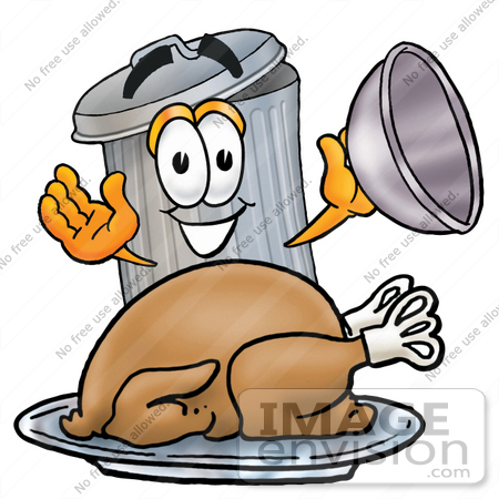 #26571 Clip Art Graphic of a Metal Trash Can Cartoon Character Serving a Thanksgiving Turkey on a Platter by toons4biz