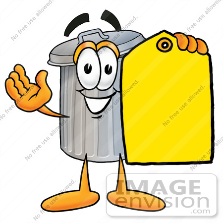 #26574 Clip Art Graphic of a Metal Trash Can Cartoon Character Holding a Yellow Sales Price Tag by toons4biz