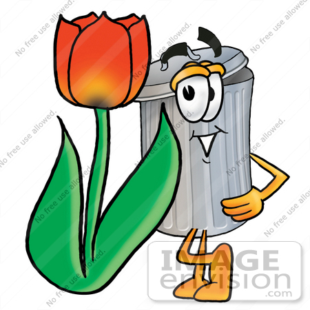 #26578 Clip Art Graphic of a Metal Trash Can Cartoon Character With a Red Tulip Flower in the Spring by toons4biz