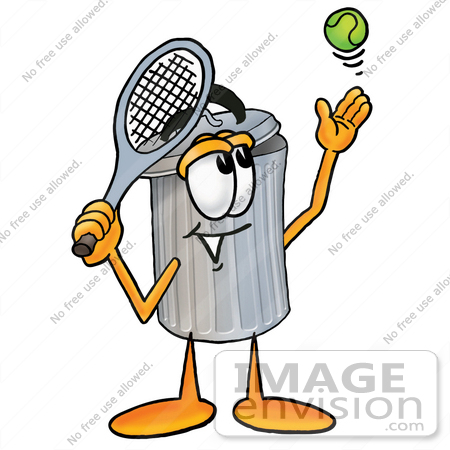 #26579 Clip Art Graphic of a Metal Trash Can Cartoon Character Preparing to Hit a Tennis Ball by toons4biz