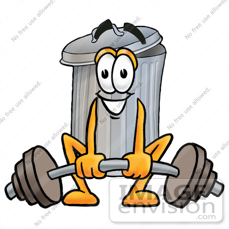 #26580 Clip Art Graphic of a Metal Trash Can Cartoon Character Lifting a Heavy Barbell by toons4biz