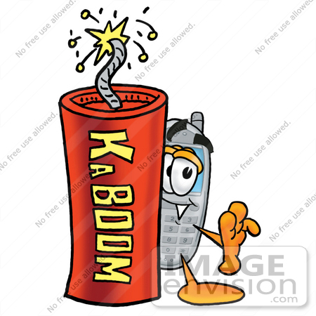 #26581 Clip Art Graphic of a Gray Cell Phone Cartoon Character Standing With a Lit Stick of Dynamite by toons4biz